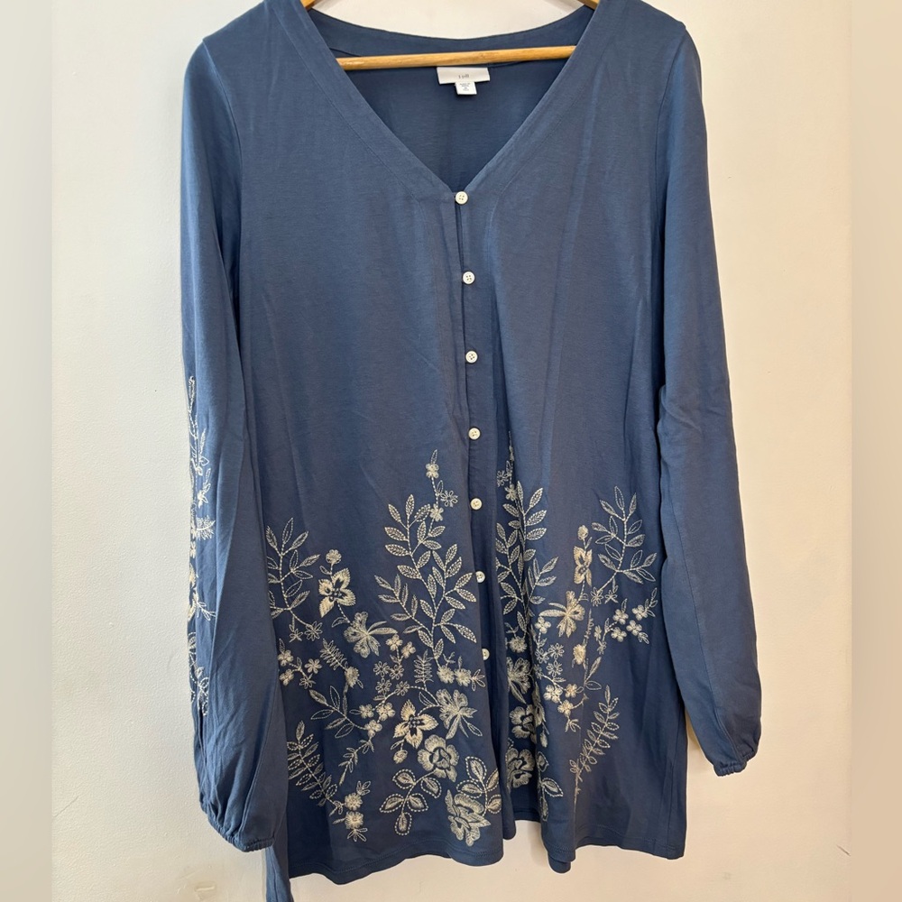 J.Jill Blue Cottagecore Long Sleeve Embroidered Top